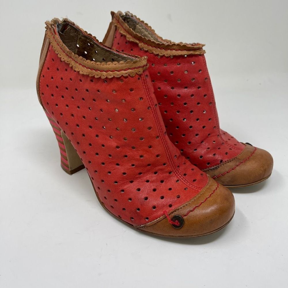 Red Perforated Leather Ankle Booties with Brown Trim